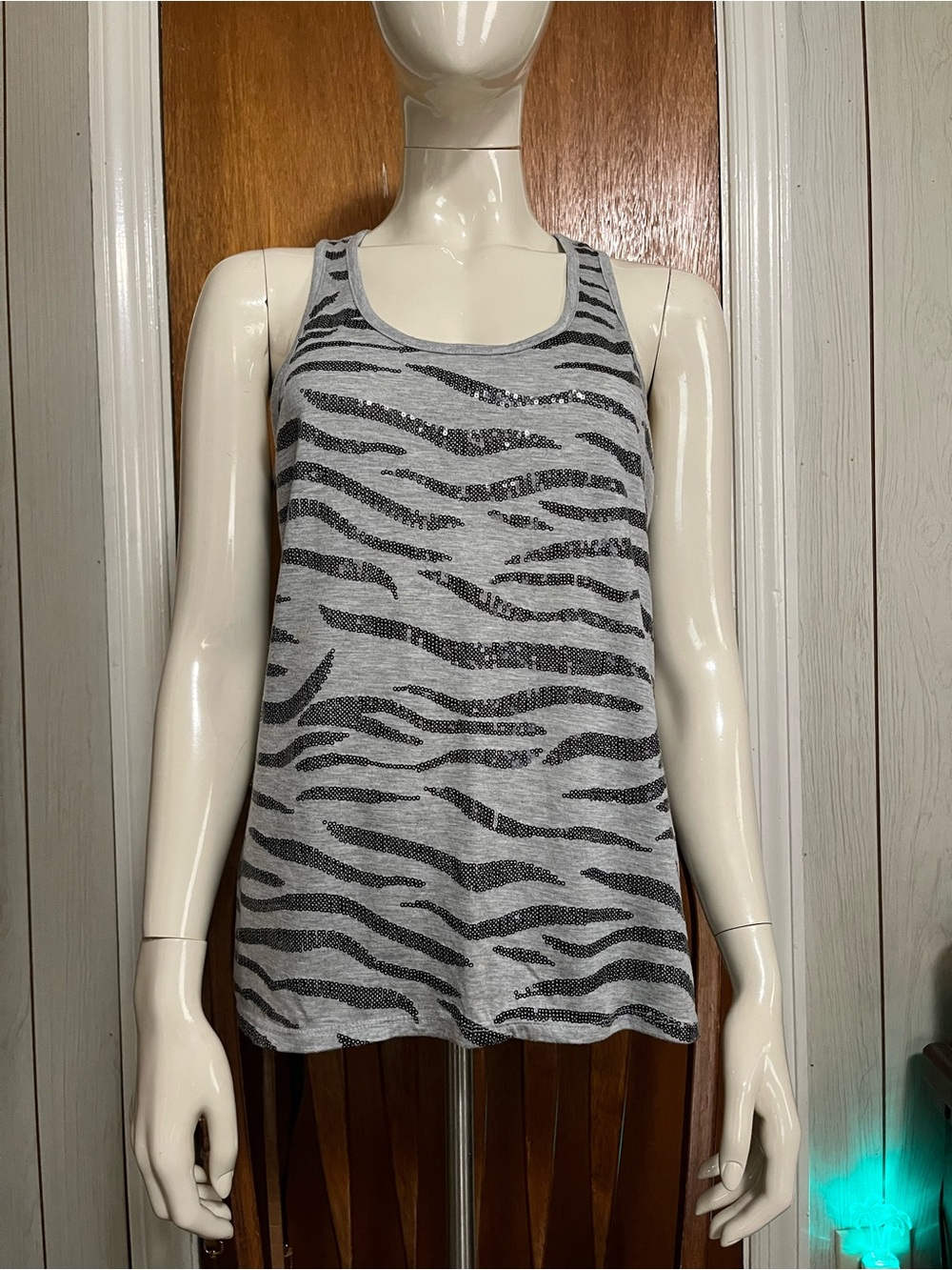 Womens Gray Zebra Print sequin Tank Top